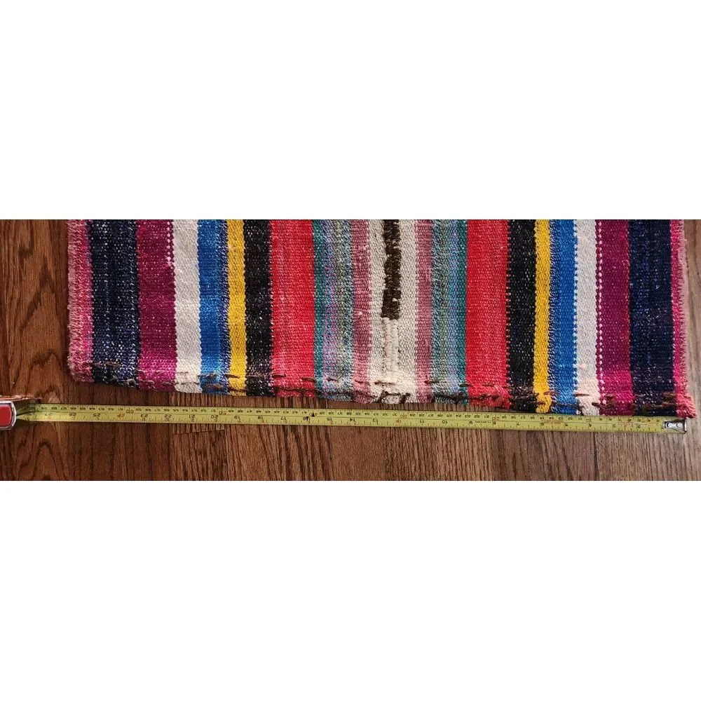 Vintage Red Blue Yellow Black Kilim Runner Rug Hand Knotted Carpet 2ft x 8.5ft